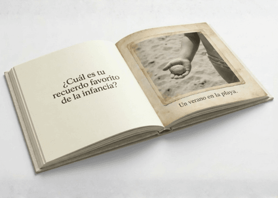 Páginas interiores del libro de Molevi — diseño editorial con preguntas y respuestas, tipografía elegante y márgenes amplios